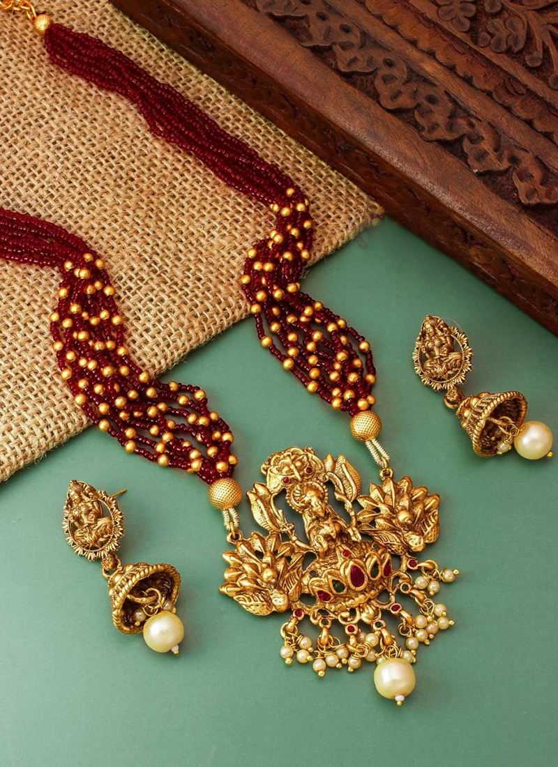 Maroon New Antique Long Temple Jewellery Set Catalog